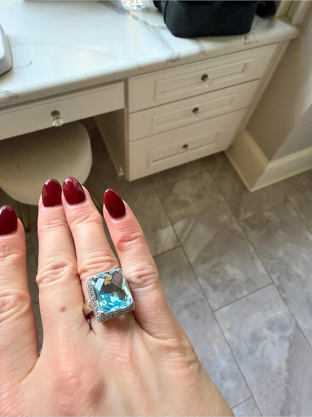 Blue Topaz, Pave Diamond, Platinum Ring Size 6